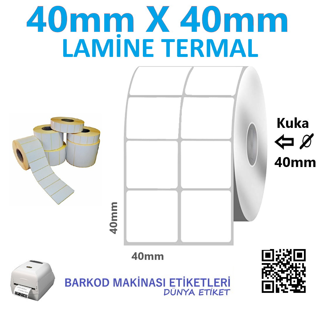 40mm X 40mm Lamine Termal Barkod Etiketi 10 Rulo Toplam 20.000 Adet