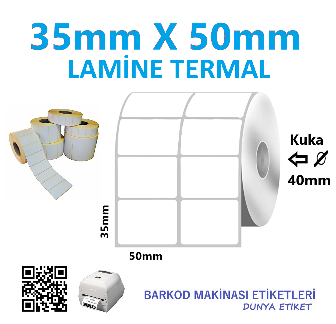 35mm X 50mm Lamine Termal Barkod Etiketi (10 Rulo) Toplam 20.000 Adet