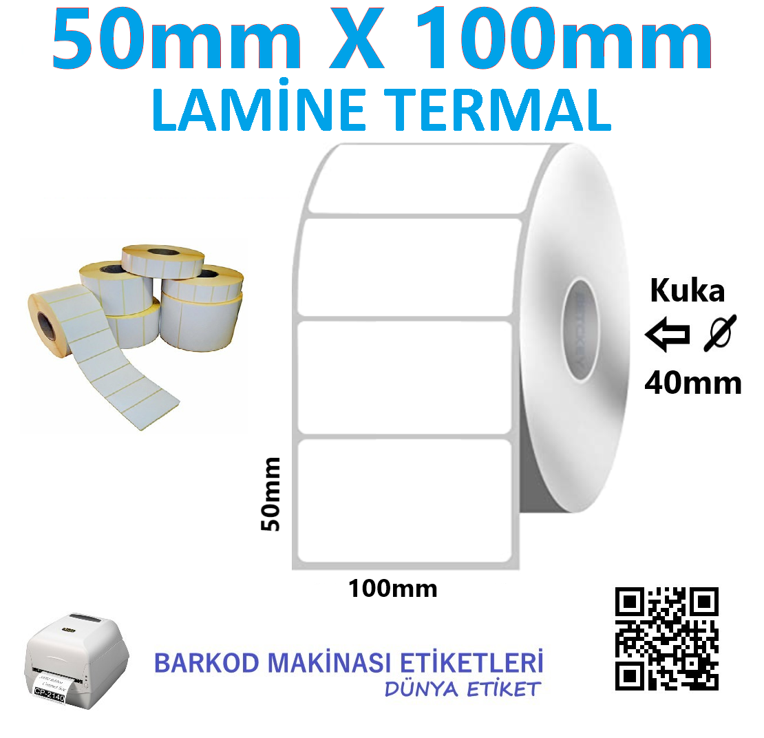 50mm X 100mm Lamine Termal Etiket (10 RULO) Toplam 5000 Adet