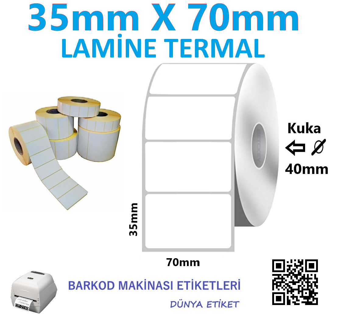 35mm X 70mm Lamine Termal Barkod Etiketi (10 Rulo) Toplam 10.000 Adet