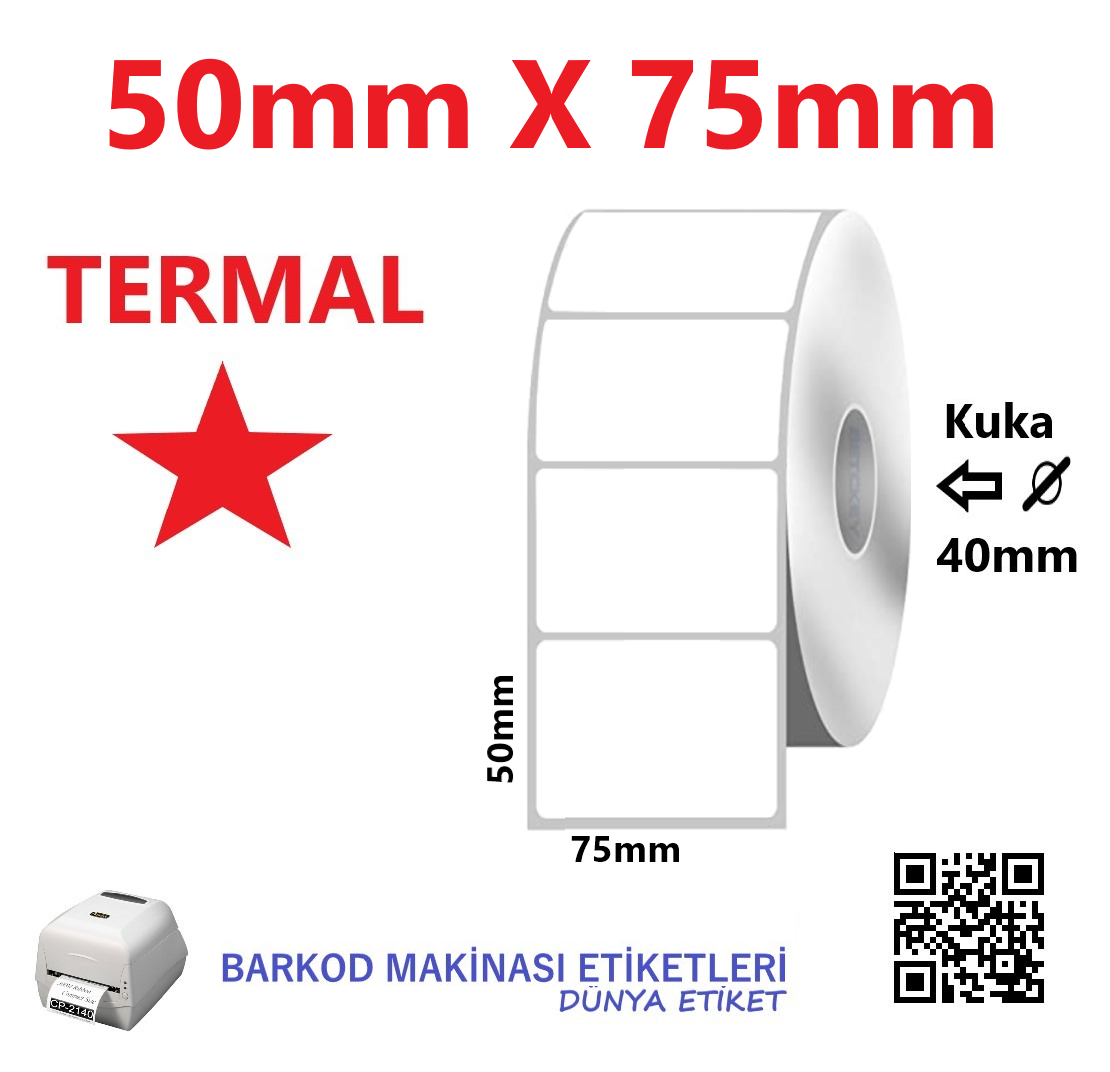 50mm X 75mm Termal Barkod Etiketi (10 Rulo) Toplam 5000 Adet