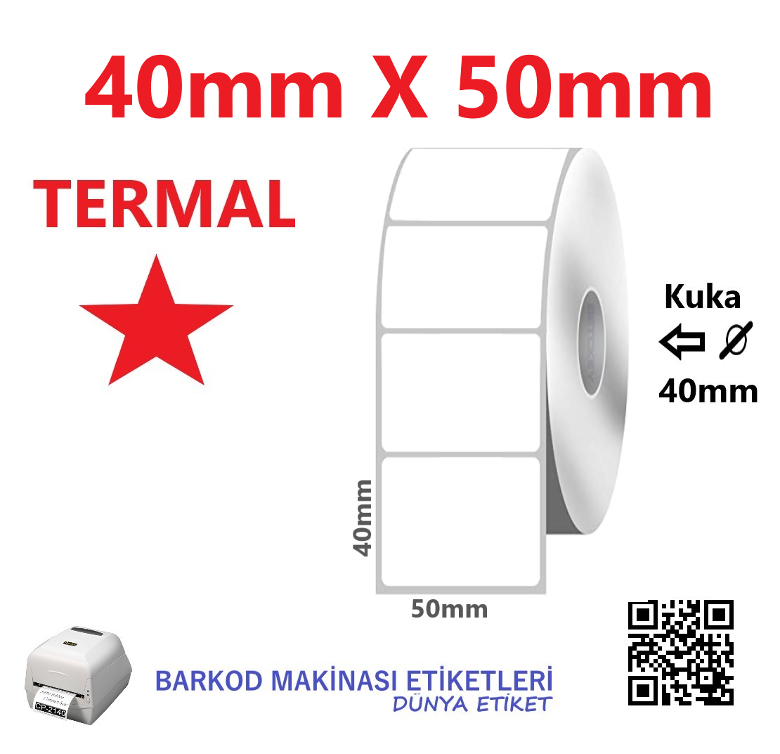 40mm X 50mm Termal Barkod Etiketi (10 Rulo) Toplam 10.000 Adet