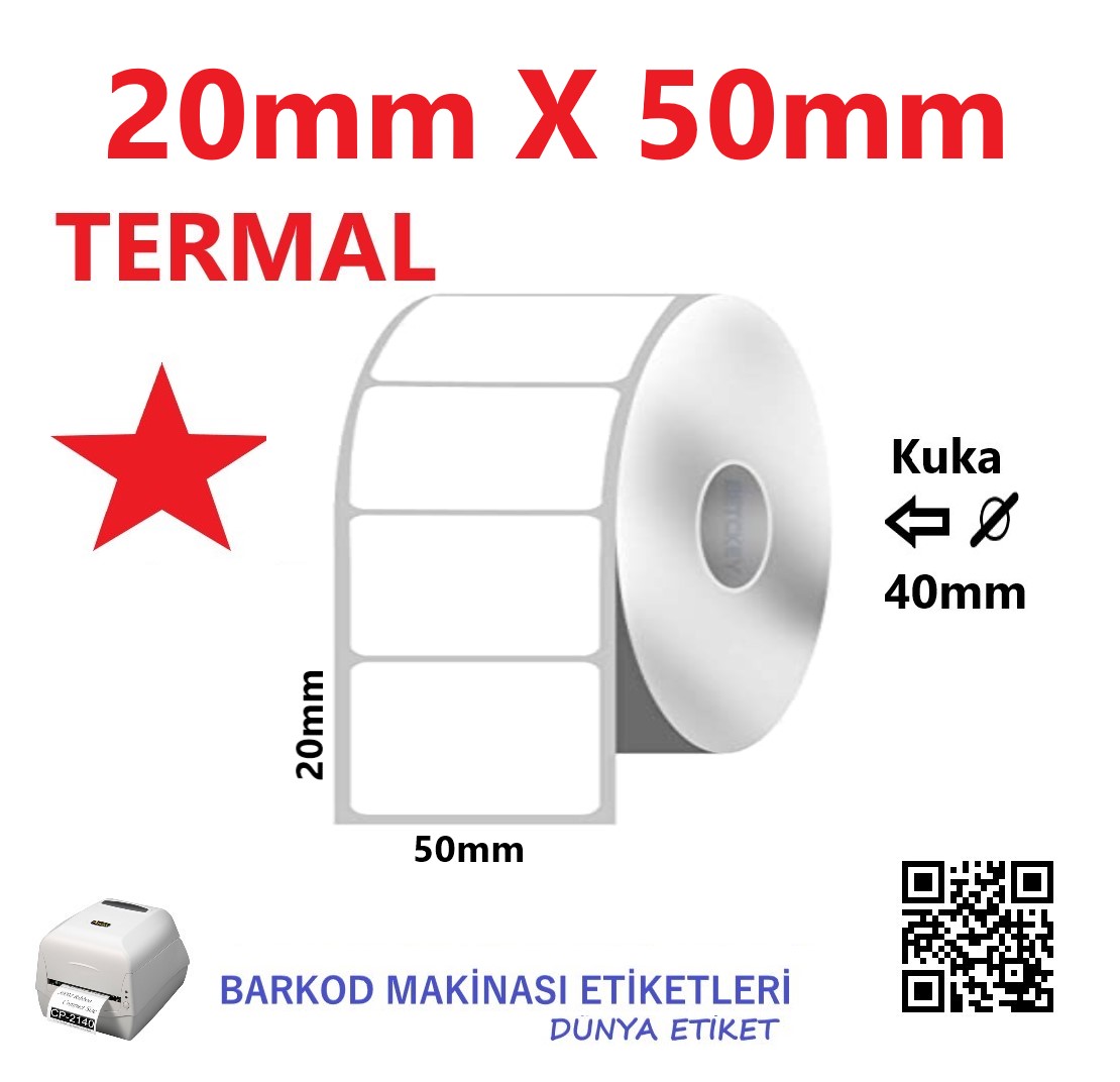 20mm X 50mm Termal Barkod Etiketi (10 Rulo) Toplam 10.000 Adet