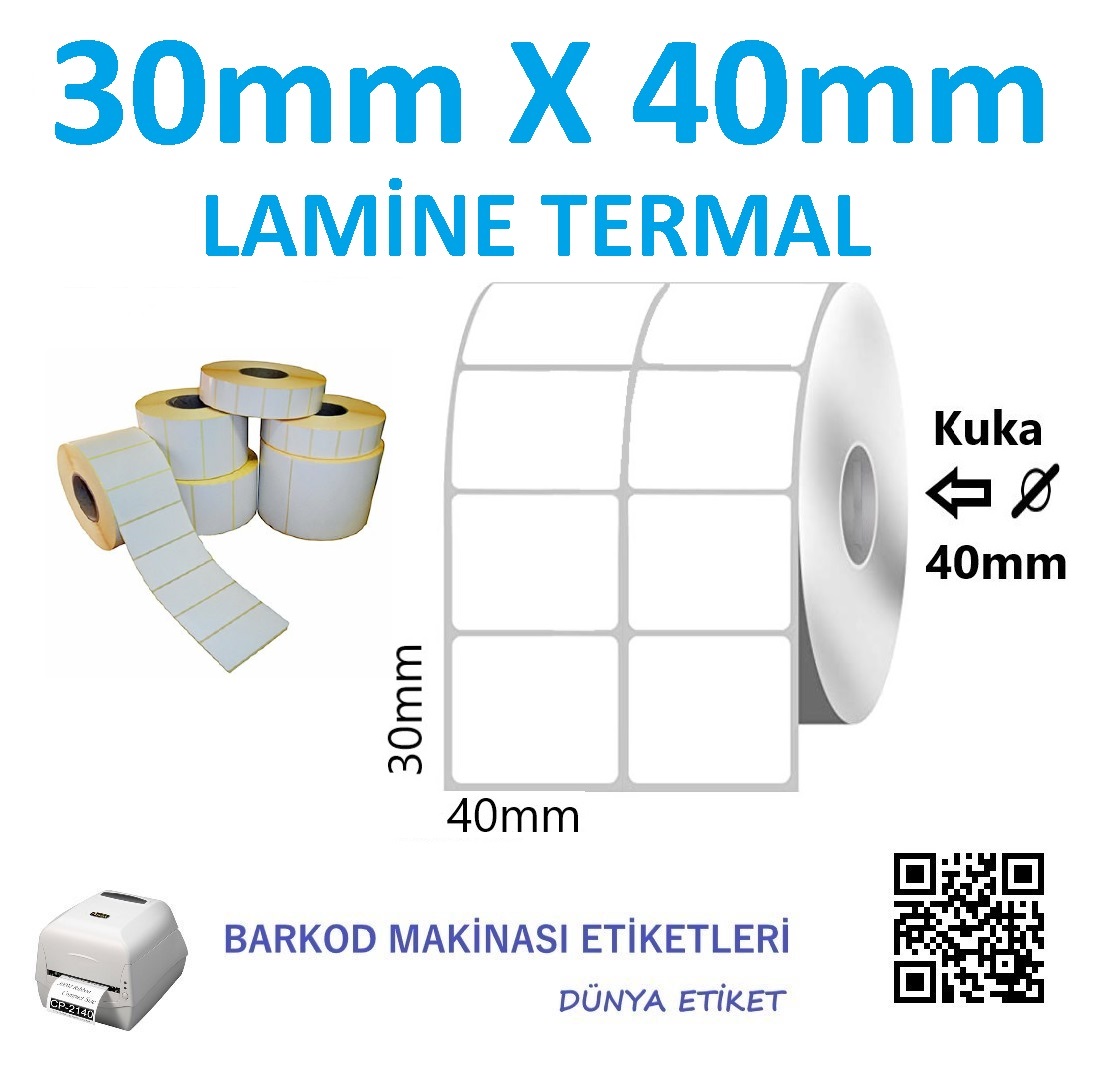 30mm X 40mm Lamine Termal Barkod Etiketi (10 Rulo) Toplam 20.000 Adet