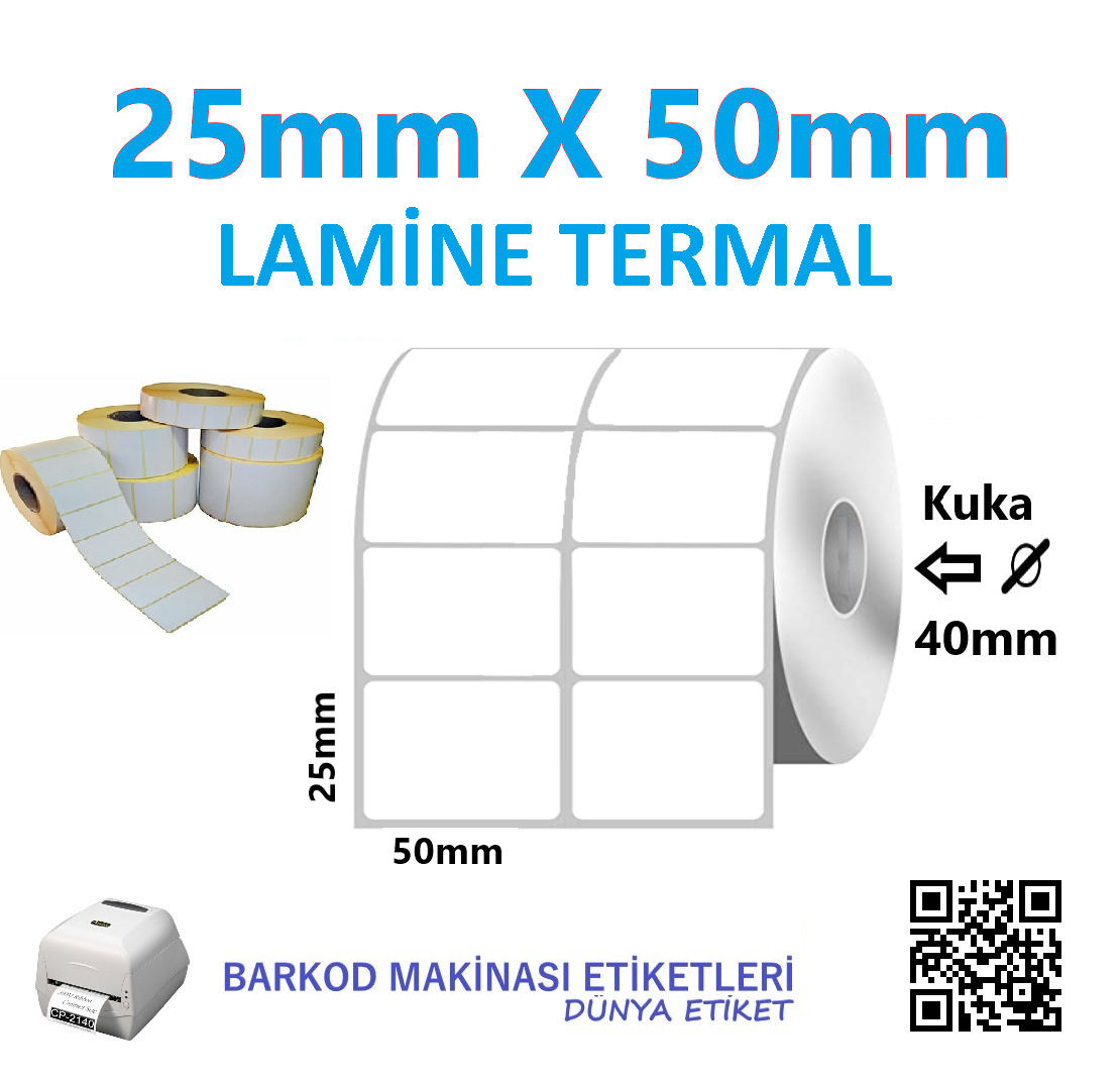 25mm X 50mm Lamine Termal Barkod Etiketi (10 Rulo) Toplam 20.000 Adet