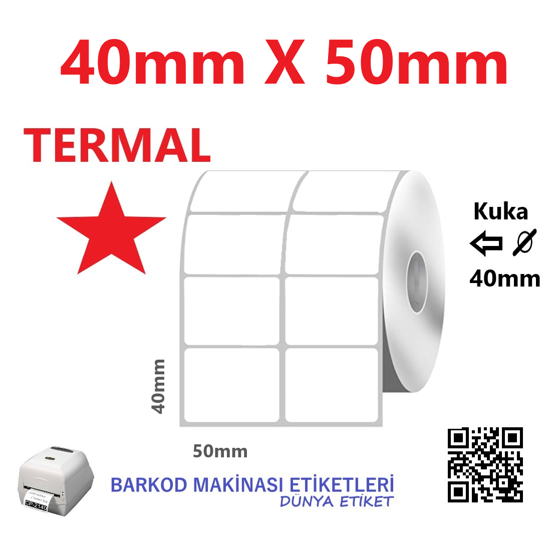 40mm X 50mm Termal Barkod Etiketi (10 Rulo) Toplam 20.000 Adet