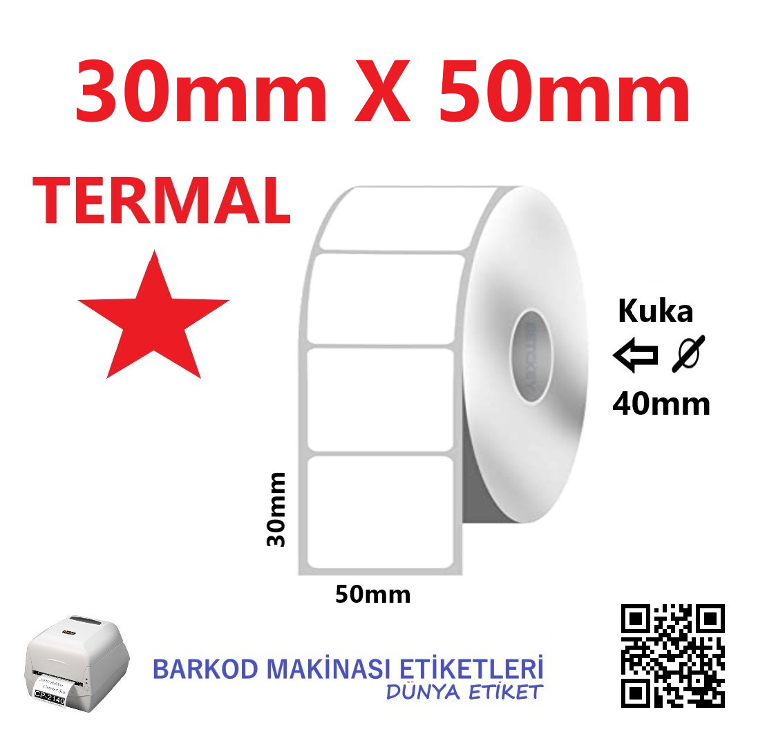 30mm X 50mm Termal Barkod Etiketi (10 Rulo) Toplam 10.000