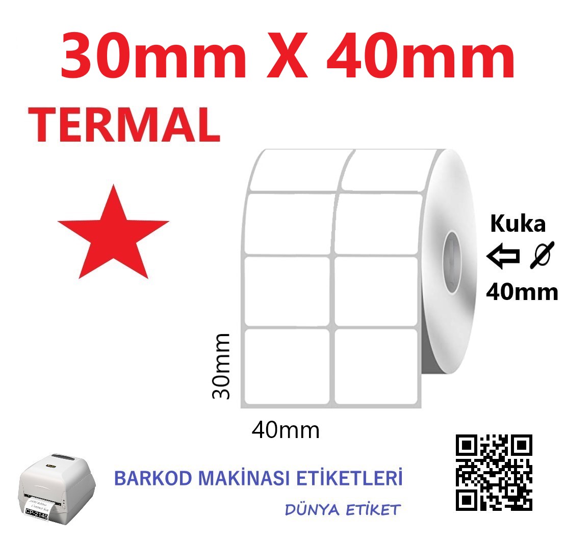 30mm X 40mm Termal Barkod Etiketi (10 Rulo) Toplam 20.000 Adet