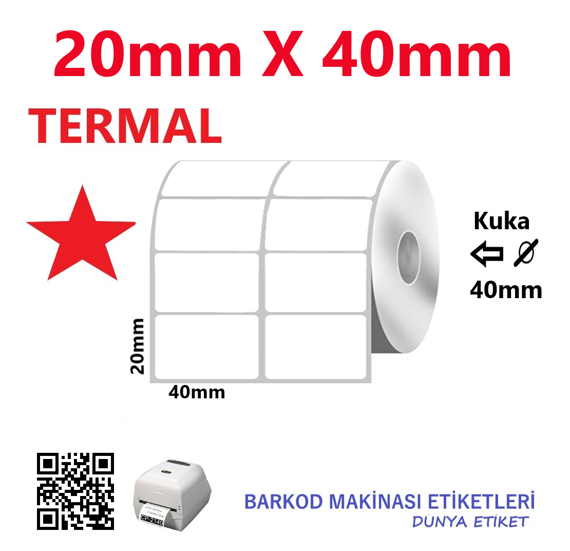 20mm X 40mm Termal Barkod Etiketi (10 Rulo) Toplam 20.000