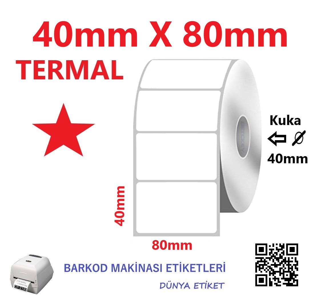 40mm X 80mm Termal Barkod Etiketi (10 Rulo) Toplam 10.000 Adet