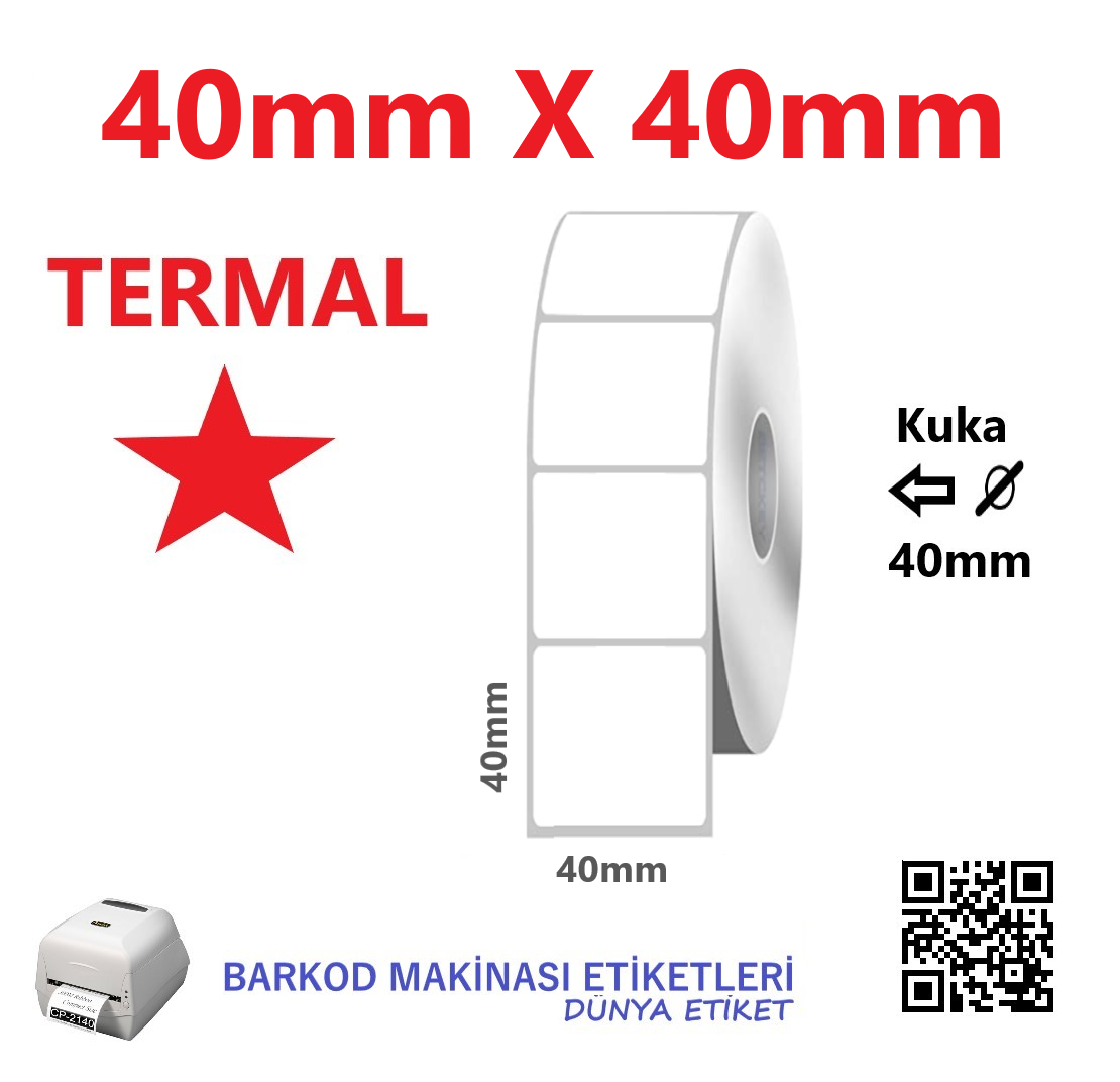 40mm X 40mm Termal Barkod Etiketi (10 Rulo) Toplam 10.000 Adet