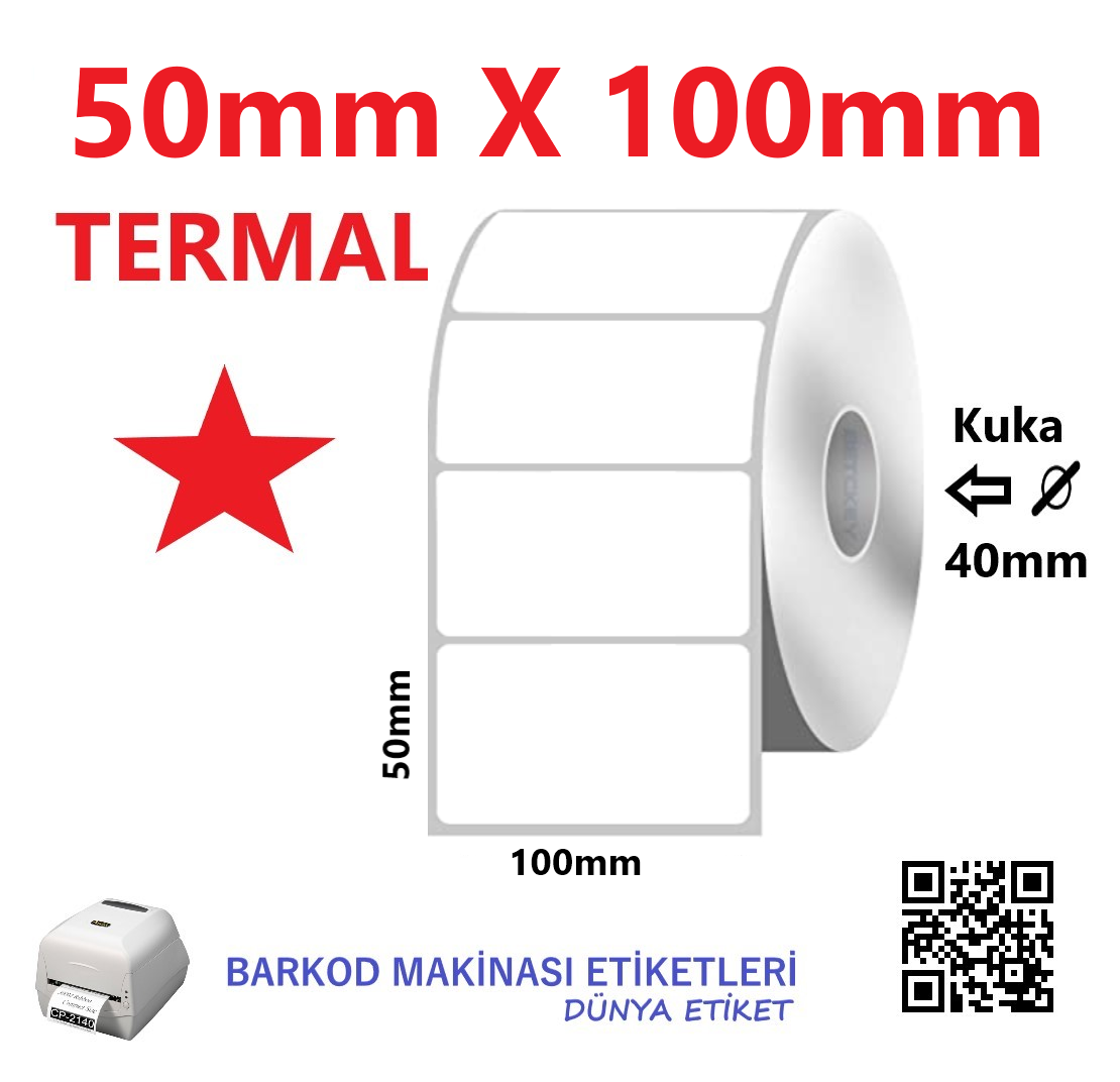 50mm X 100mm Termal Barkod Etiketi (10 Rulo) Toplam 5000 Adet