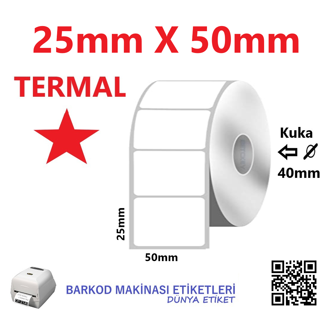 25mm X 50mm Termal Barkod Etiketi (10 Rulo) Toplam 10.000 Adet