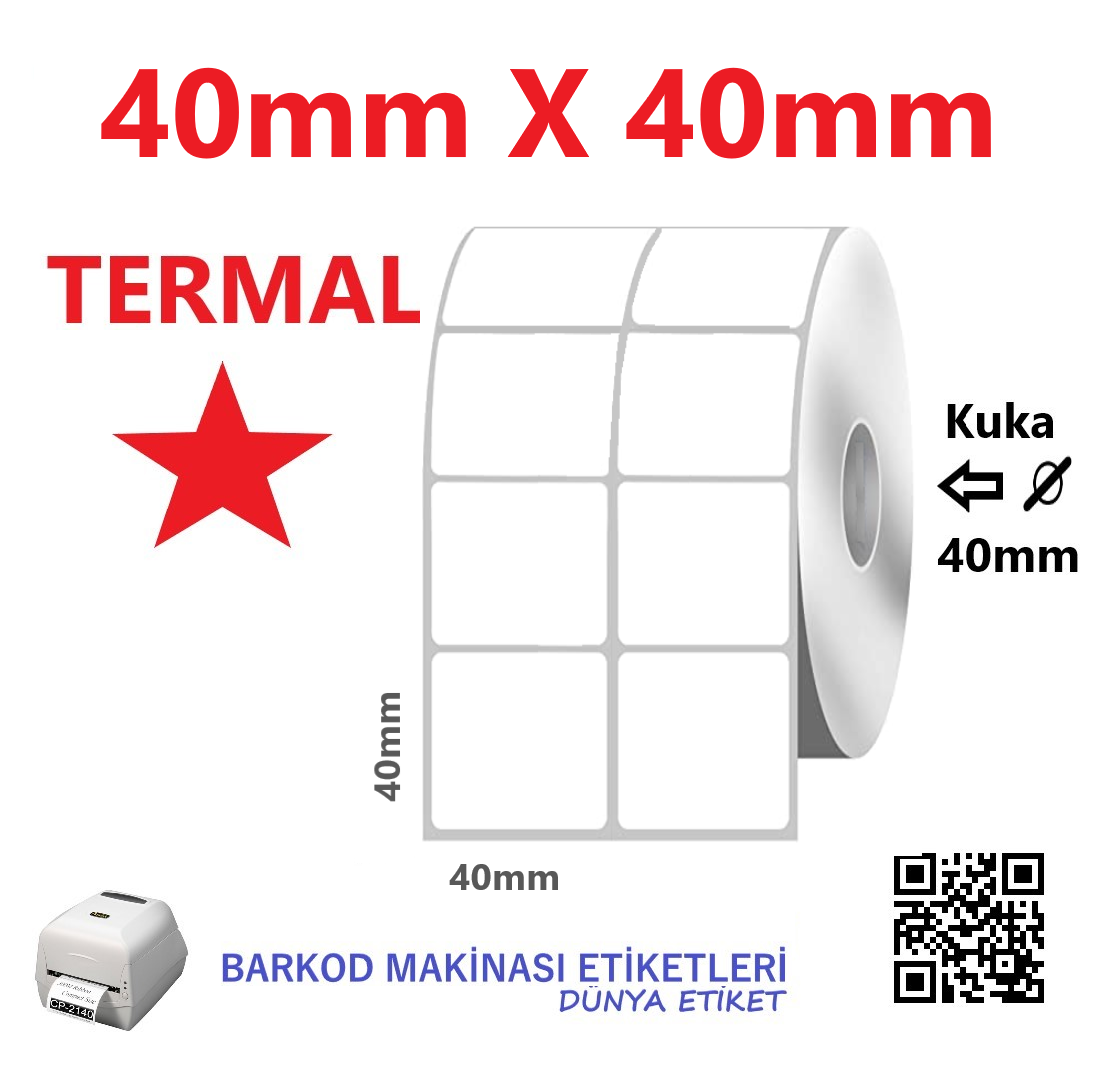 40mm X 40mm Termal Barkod Etiketi (10 Rulo) Toplam 20.000 Adet