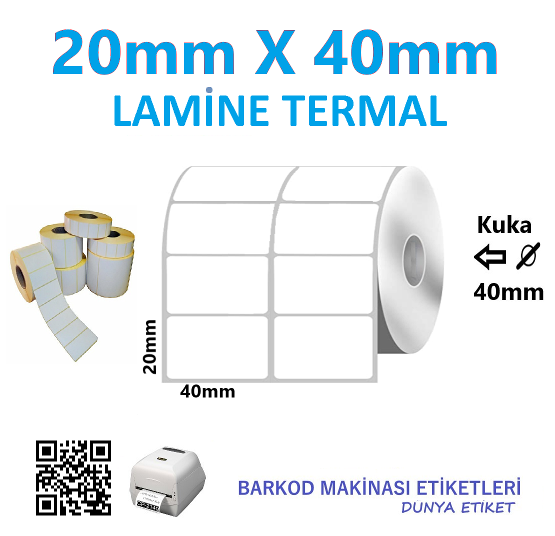 20mm X 40mm Lamine Termal Barkod Etiketi 10 Rulo Toplam 20.000 Adet