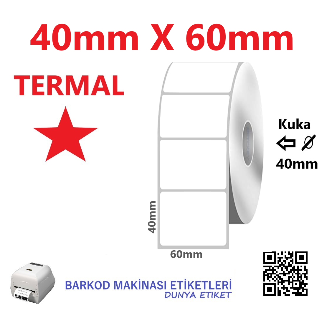40mm X 60mm Termal Barkod Etiketi (10 Rulo) Toplam 10.000 Adet