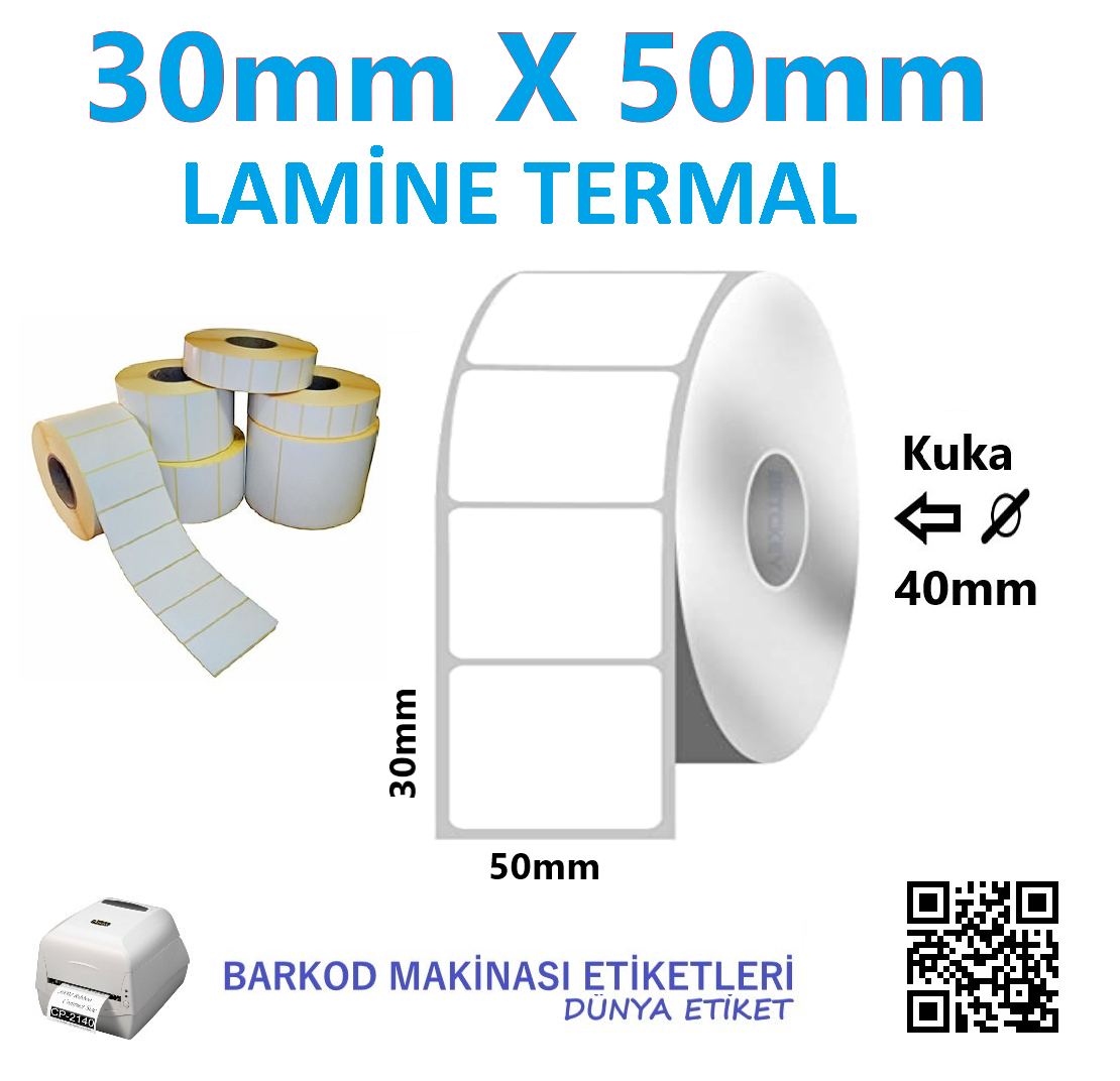 30mm X 50mm Lamine Termal Barkod Etiketi (10 Rolu) Toplam 10.000 Adet