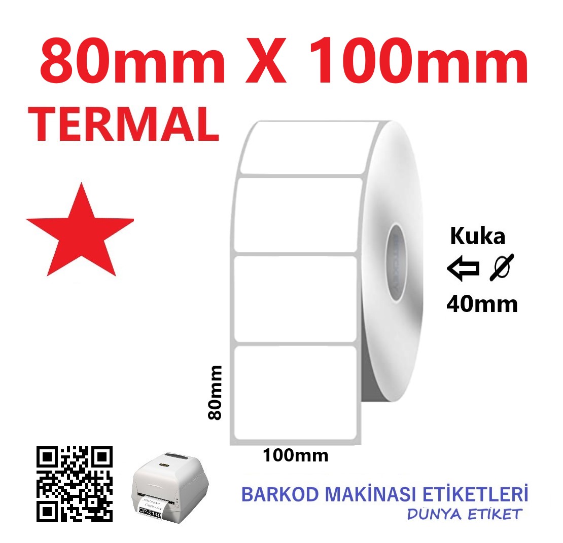 80mm X 100mm Termal Barkod Etiketi (10 Rulo) Toplam 4000 Adet