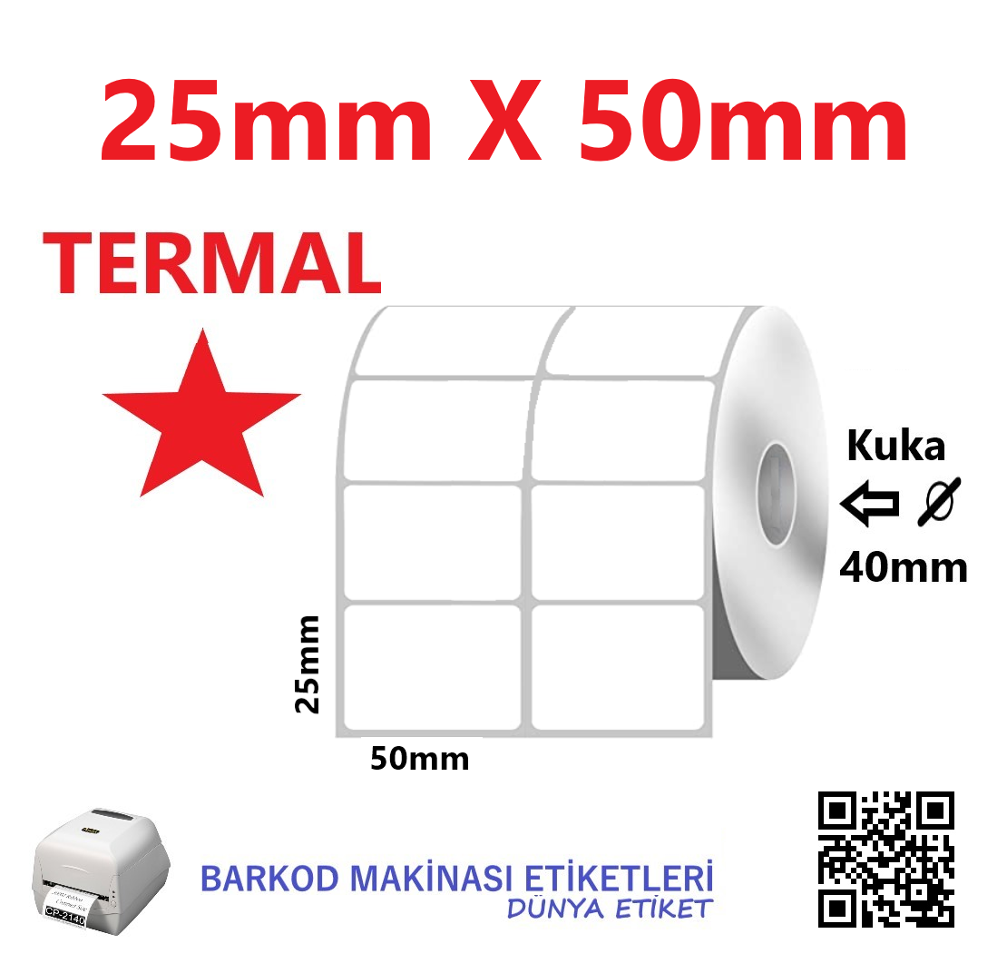 25mm X 50mm Termal Barkod Etiketi (10 Rulo) Toplam 20.000
