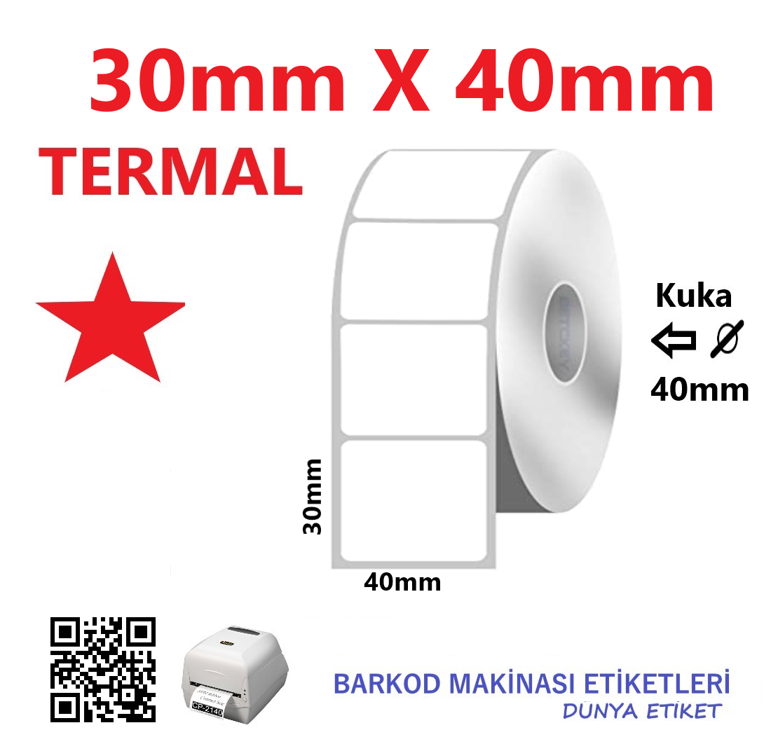 30mm X 40mm Termal Barkod Etiketi (10 Rulo) Toplam 10000 adet